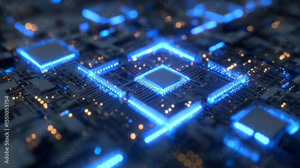 Poster Close-up of a glowing microchip circuit board showcasing modern technological advancements and intricate design.