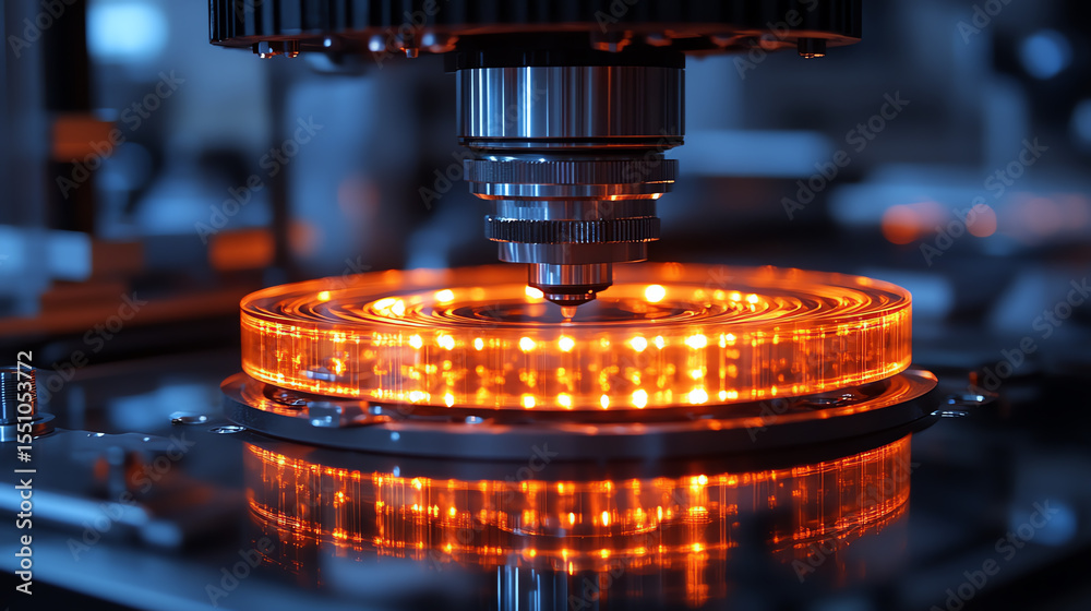 Poster close-up of a high-tech machine with glowing orange elements, illustrating modern engineering and in