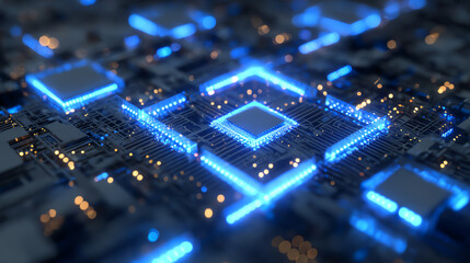 Close-up of a glowing microchip circuit board showcasing modern technological advancements and intricate design.