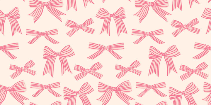 Pink hand drawn coquette striped bows seamless pattern