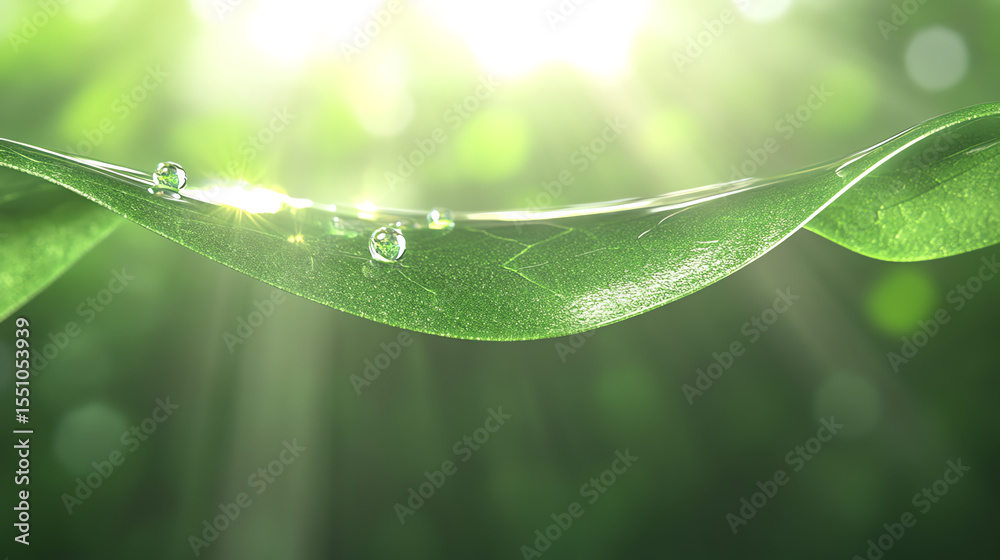 Poster close-up of green leaves with water droplets, illuminated by soft sunlight, showcasing a tranquil an
