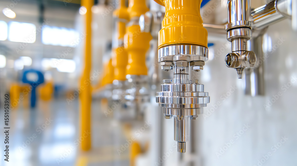 Poster close-up of industrial pipes and valves with yellow handles, showcasing advanced engineering in a mo