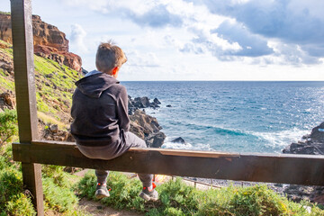 teenager traveler, boy 10-12 years old gazing at ocean from high trail, peaceful mountain coast...