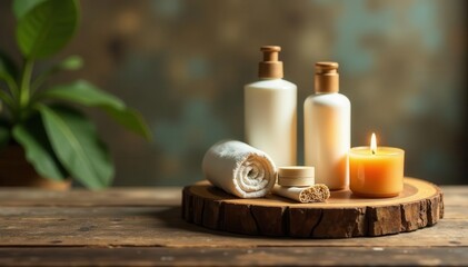 Rustic wooden tray with bath products and candle, spa, clean