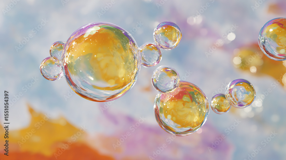 Poster Colorful soap bubbles floating in the air, creating a mesmerizing and dreamy effect against a soft pastel background.