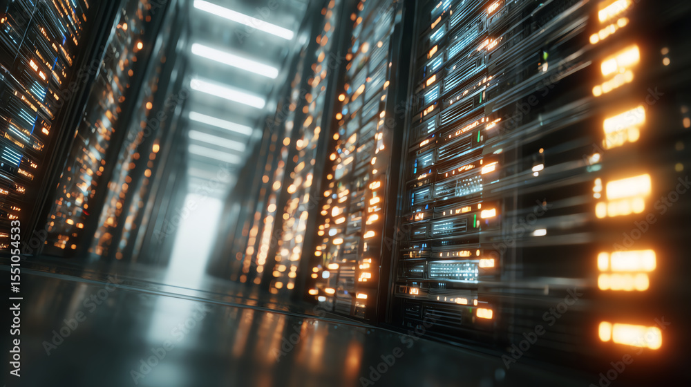 Aufkleber Detailed view of modern server racks in a data center illuminated by bright lights, showcasing advanced technology and digital infrastructure.
