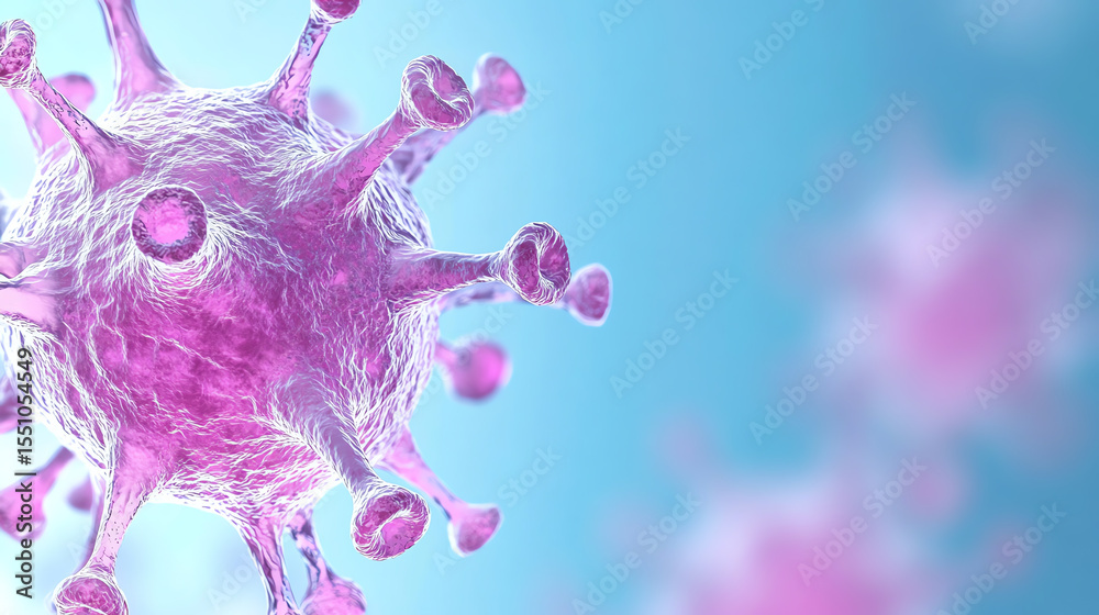 Poster detailed microscopic view of a virus, featuring vibrant colors and intricate structures, symbolizing
