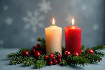 Three advent candles burn brightly on fir branches, grey backdrop , cozy, image