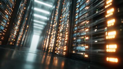 Detailed view of modern server racks in a data center illuminated by bright lights, showcasing advanced technology and digital infrastructure.