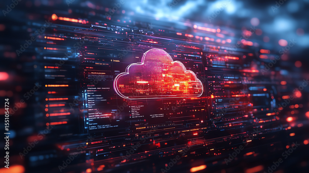 Poster Futuristic cloud computing concept with vibrant data streams and glowing network connections illustrating digital transformation.