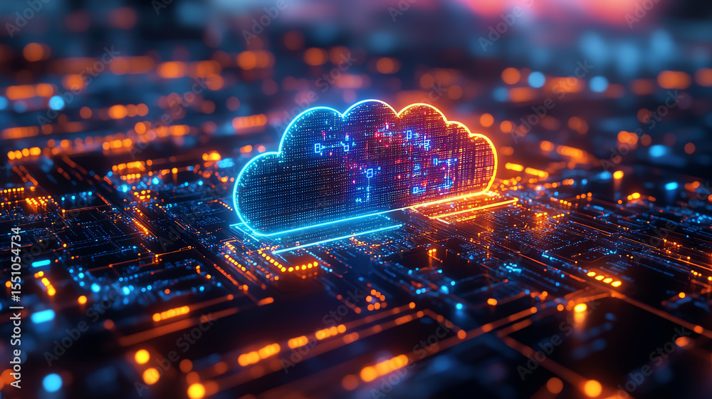 Poster Futuristic cloud storage visualization with glowing circuits and vibrant colors representing digital data flow and connectivity.