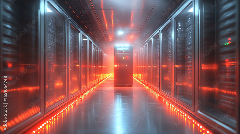 Aufkleber Futuristic data center corridor illuminated by vibrant red lights, showcasing advanced computing technology and modern architecture.