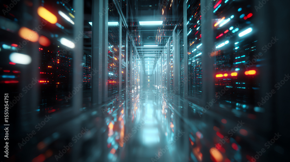 Aufkleber Futuristic data center hallway with illuminated servers reflecting a vibrant color scheme.