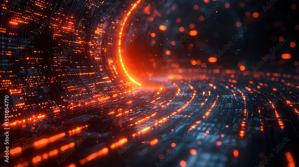 Aufkleber Futuristic digital tunnel with glowing lights, illustrating data flow and advanced technology in a mesmerizing visual display.