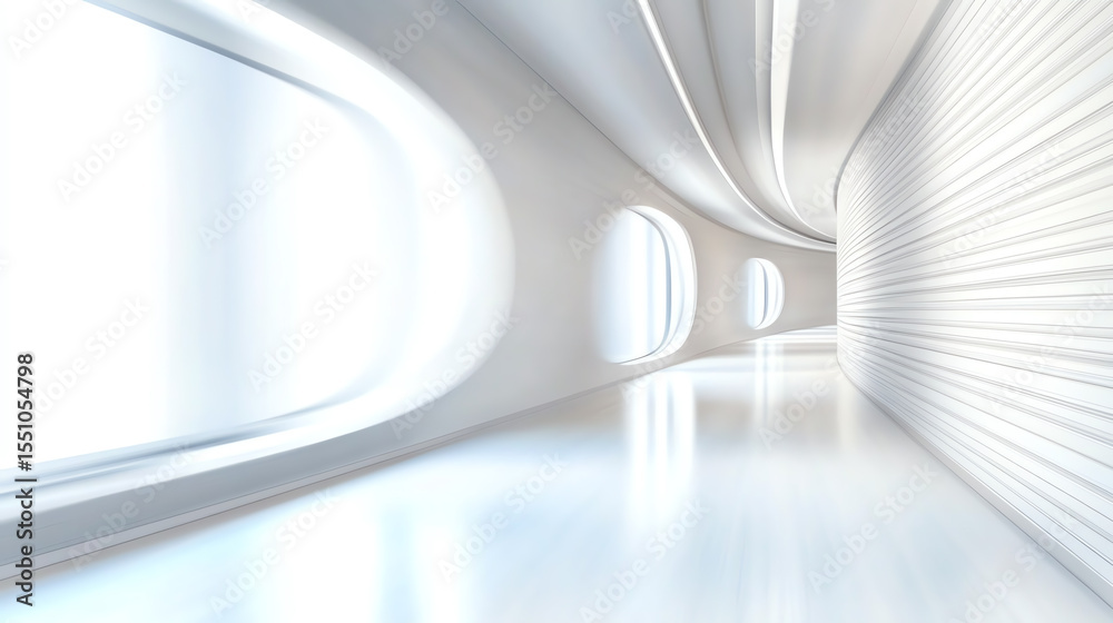Poster futuristic hallway with sleek lines and soft lighting, creating an airy and modern atmosphere.