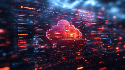 Futuristic cloud computing concept with vibrant data streams and glowing network connections illustrating digital transformation.