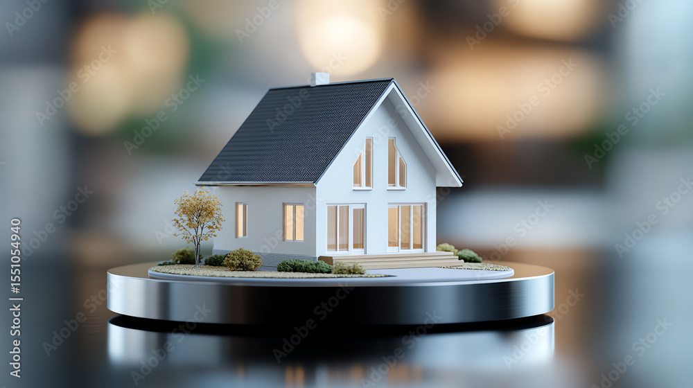 Poster miniature model house showcasing modern architecture with warm lighting and a scenic landscape.