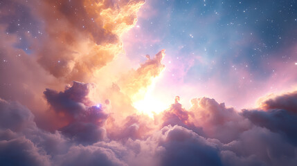 Obraz premium Stunning cosmic view showcasing colorful clouds and radiant light in the sky, perfect for celestial and atmospheric themes.