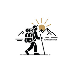Black Silhouette of a Hiker with Backpack Trekking Through Mountains Under a Golden Sun Wanderlust Graphic Design