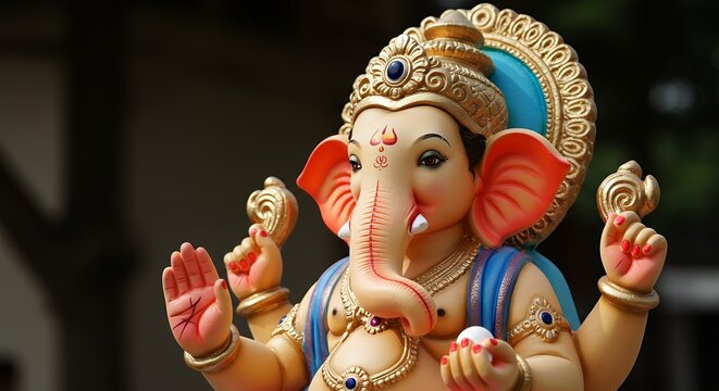 Festive Portrait of Lord Vinayaka Idol with Floral Decoration - Powered by Adobe