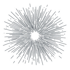 Abstract radial sunburst rays vector illustration with varied line lengths and scattered dots in minimalist hand drawn style black and white design