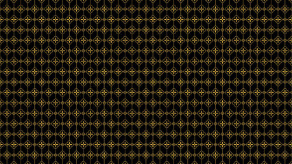 Repeating pattern of gold floral shapes and circles on a dark background creating a grid design