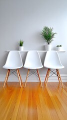 White chairs on wooden floor with plants