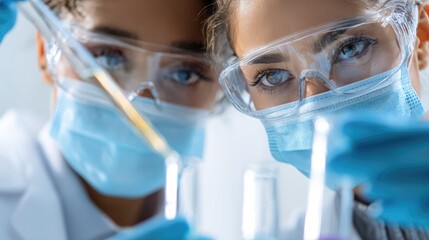 Scientists in Focus: Two focused scientists, masked and goggled, work in a laboratory setting. One carefully dispenses liquid from a pipette into a glass beaker.