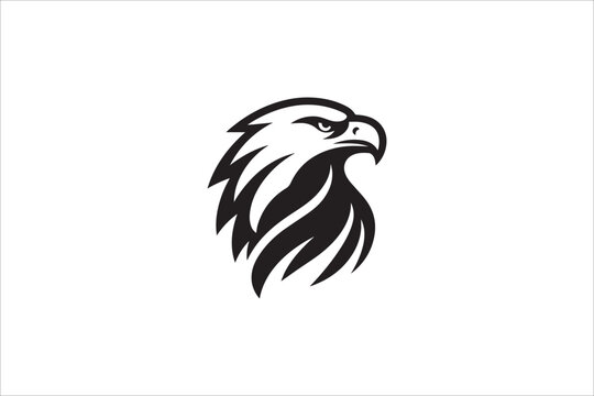 Black and white, with a simple and minimalistic eagle head silhouette isolated on a white background