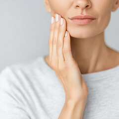 Close-up of a person suffering from toothache, holding their jaw in pain. Clear expression of discomfort, perfect for dental care, oral health, medical, and pain relief-related content or advertising.