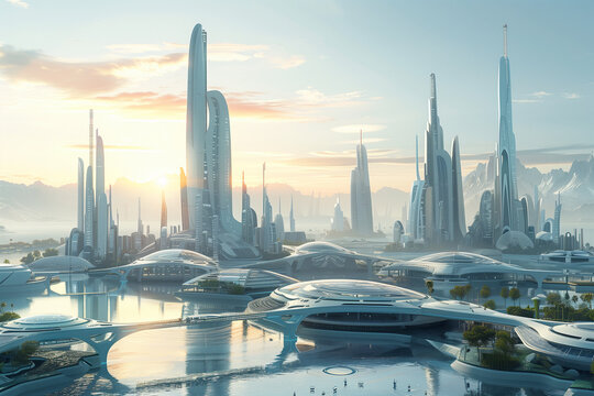 A futuristic eco-city with floating walkways, glass towers, solar bridges, and a shimmering urban lake.