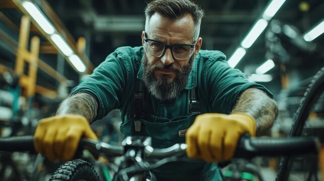 A skilled mechanic intensively repairs a bicycle, showcasing expertise and concentration in a well-equipped workshop, highlighting the important role of craftsmanship in cycling.