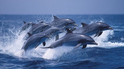 Obraz premium A group of dolphins jumping in the ocean