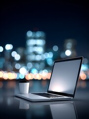 Laptop and coffee cup on desk, city lights background
