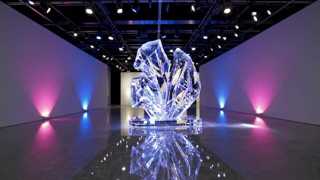 Futuristic Crystal Sculpture Installation with Artistic Lighting in Modern Gallery