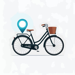Black Vintage Bicycle with Brown Basket and Teal Location Pin on Light Gray Background Simple Flat Vector Illustration