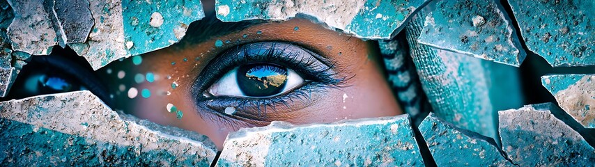 Eye peeking through fractured teal