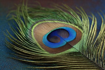 Fototapeta premium Closeup of a peacock feather showcasing its blue eye and iridescent green and brown filaments