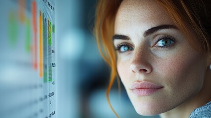 A focused woman closely examines data displayed on a digital screen, highlighting the importance of analysis in decision-making and showcasing modern work environments in data-driven industries.