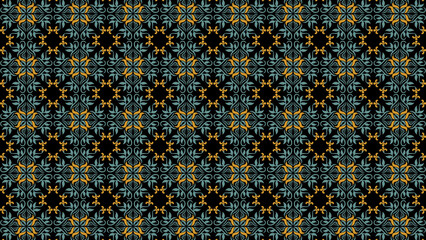 Ornate floral pattern with gold and teal accents on a black background in a repeating design style