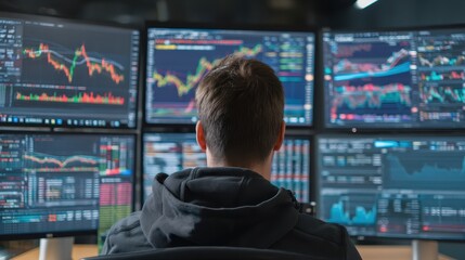 A man looking at multiple screens of various stock options