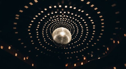 Reflective Disco Ball Illuminating a Dark Nightclub Ceiling