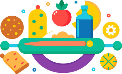 Colourful flat design of a baking scene: rolling pin, cookie cutter, dough with white background.