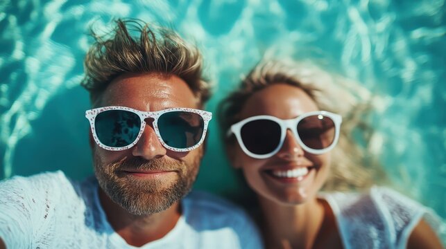 A joyful couple takes a selfie while relaxing in a beautiful turquoise pool under the sun. Their stylish sunglasses reflect their cheerful mood and love for summer. - Powered by Adobe