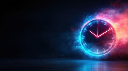 A visually striking neon clock surrounded by vibrant colors and smoke creates a dynamic and futuristic feel, representing the fluidity and passage of time in an abstract way.