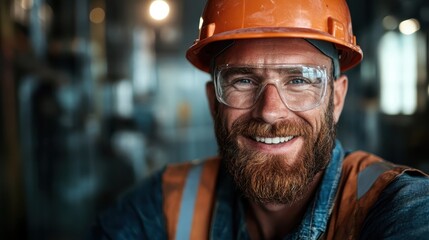 A portrait of a confident construction worker in safety gear and an orange helmet, showcasing a strong work ethic and a commitment to safety in a bustling work environment.