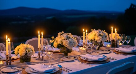 Romantic Outdoor Dinner Party Elegant Table Setting with Candles and Mountain View