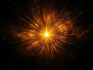 Fototapeta premium Radiant burst of golden light with glowing sparks and streaks emanating outward against dark background, evoking energy