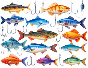 Naklejka premium Illustrated Fishing Hooks and Colorful Fish Set, Transparent Background