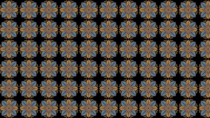 A repeating pattern of stylized floral shapes with gold and blue colors on a black background design